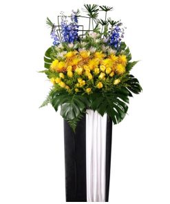 YELLOW AND BLUE SYMPATHY FUNERAL FLOWER STAND