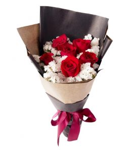 6 red rose white statice bouquet