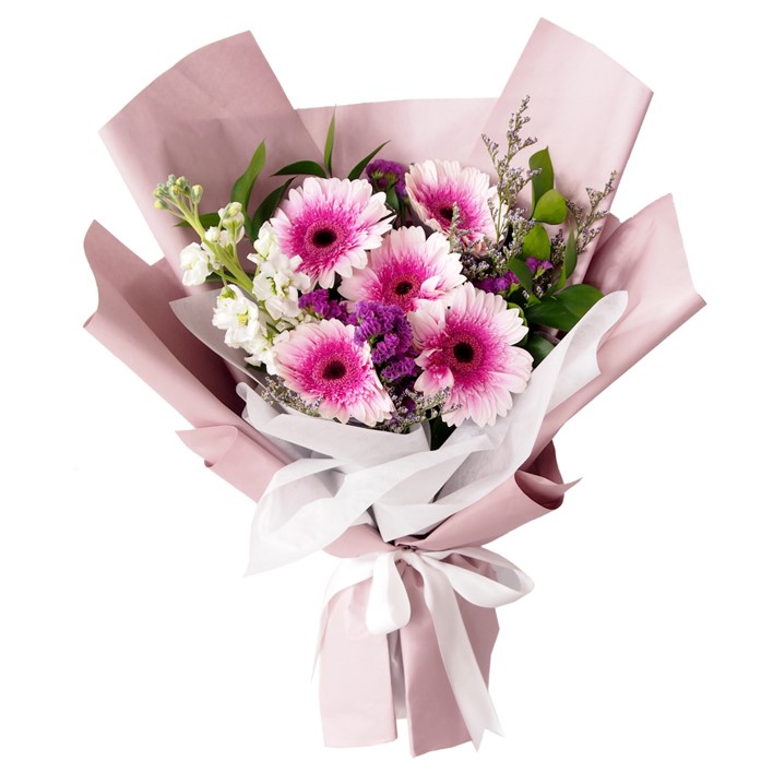 white Centre pink gerbera bouquet
