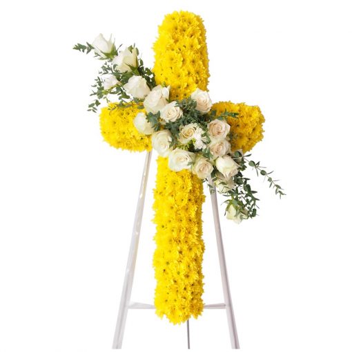yellow chrysanthemum cross wreath stand
