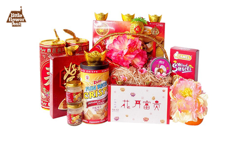 Chinese New Year hamper with artificial flower decoration