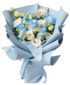 KH-124 Heartfelt Love blue roses and chamomile bouquet