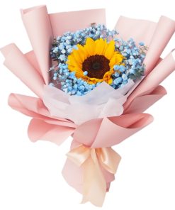 SB-11 Boundless Love Single stalk sunflower with blue baby breath bouquet