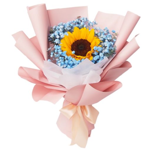 SB-11 Boundless Love Single stalk sunflower with blue baby breath bouquet