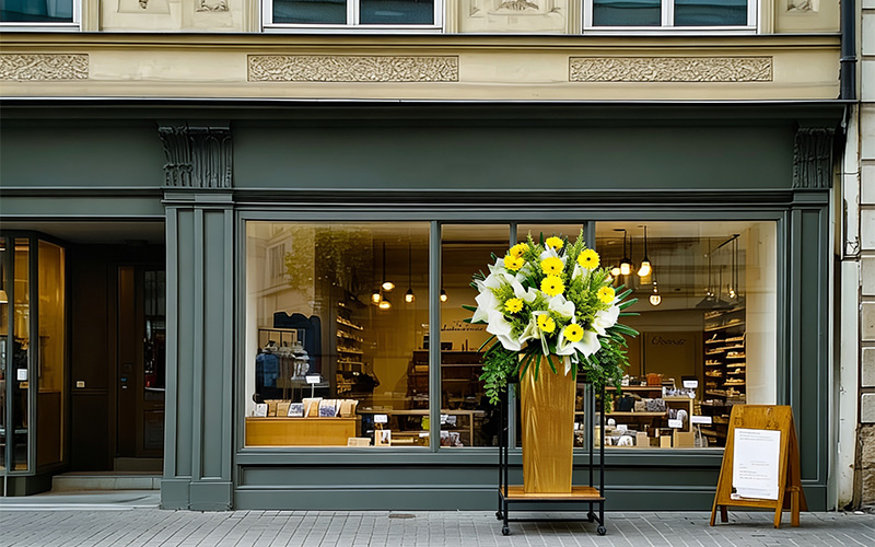 Elegant flower stand display outside a boutique opening ceremony.