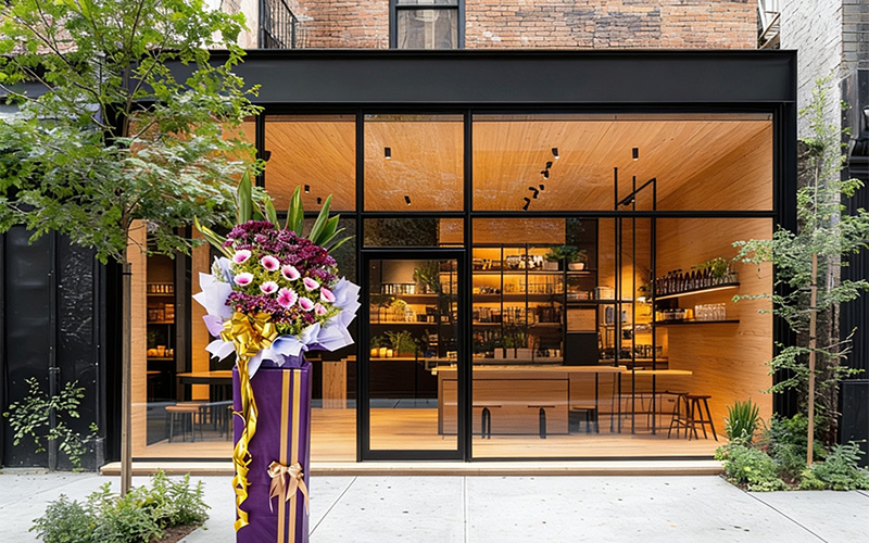 Office opening ceremony decorated with bright orange floral arrangements.