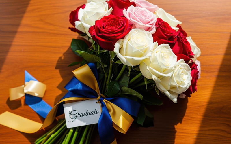 Graduation flower bouquet with blue and gold ribbons.